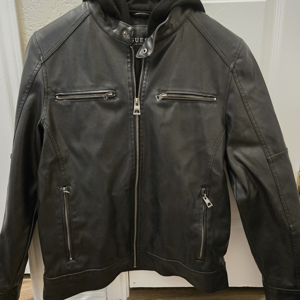 Guess Men's Black Leather Jacket With Hood